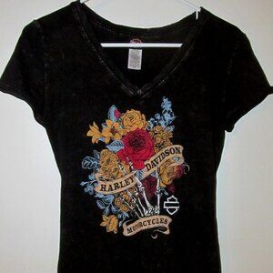 Harley-Davidson Stone-Washed V-neck XS T-shirt with Flowers & Skeleton Hand